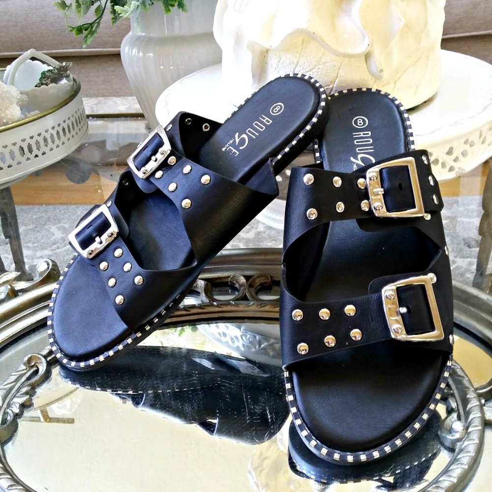 BUCKLES & RIVETS Slide ON SANDAL SZ 8 - Picture 2 of 2